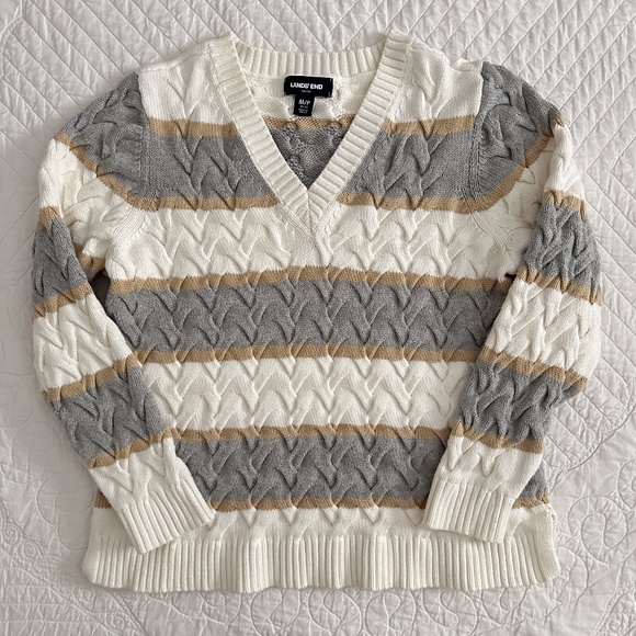 Lands' End Sweaters - Lands' End Drifter Striped Cable Knit Sweater V-Neck 100% Cotton Medium Petite